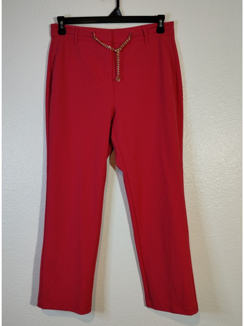 Michael Kors Size 10 Hot Coral Pink Gold-Tone Waist Chain High-Rise Dress Pants
